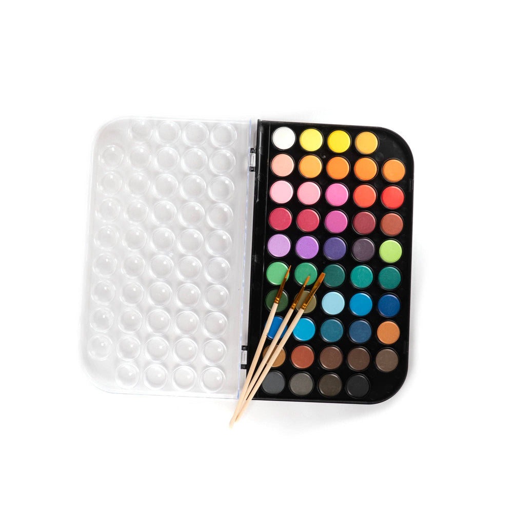 Open case showing all 48 colors with three brushes laid on top of them.