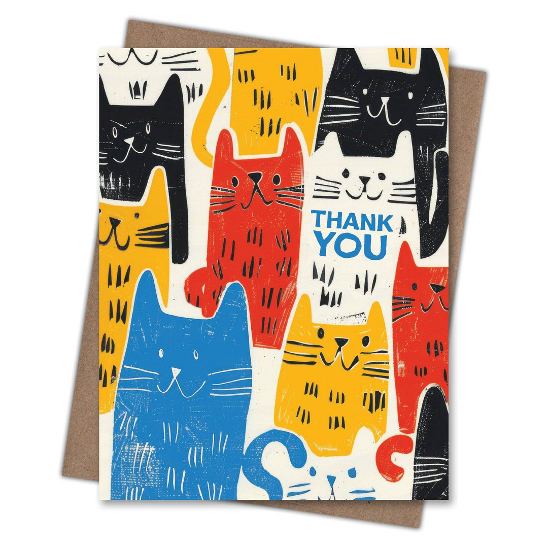 Colorful card with cartoon cats and 'Thank You' text.
