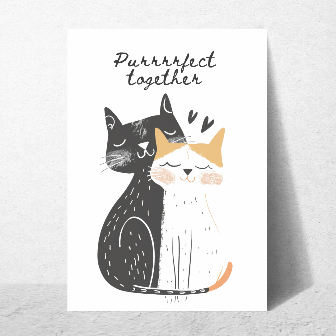 Hand drawn black cat and white cat cuddling below black cursive text on white cardstock