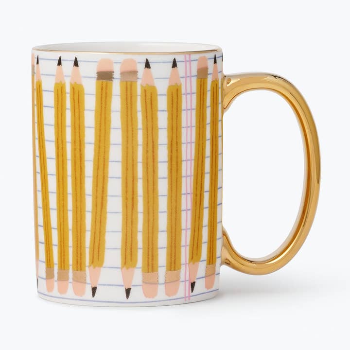 Mug with school paper horizontal lines and vertical pencils all around the mug, with a generous gold handle.