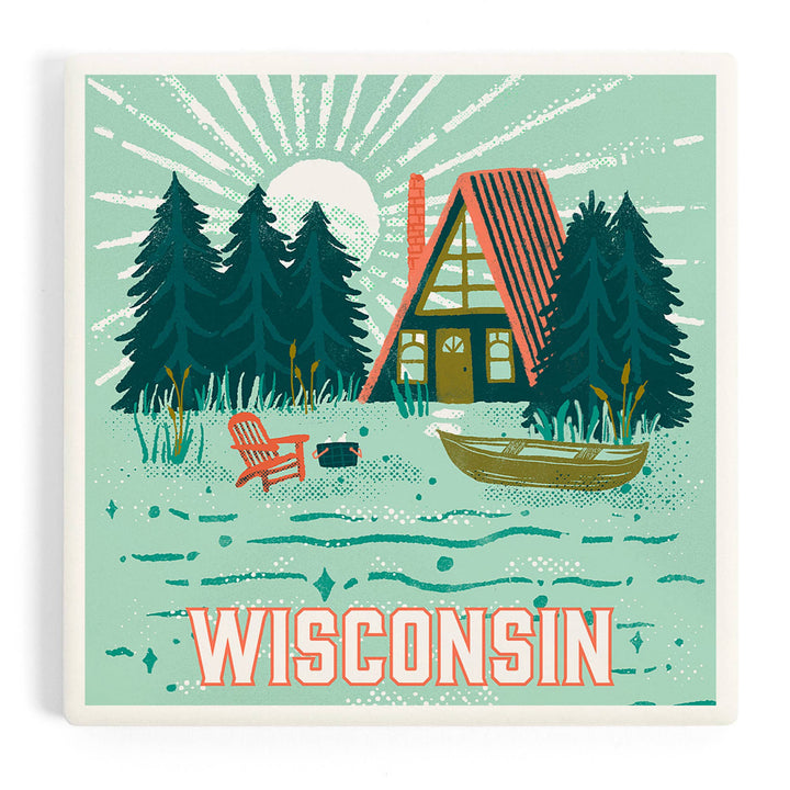 Coaster with illustration of an A-frame cabin in the woods with an Adirondack chair, picnic basket and canoe and the text 'Wisconsin' across the bottom.