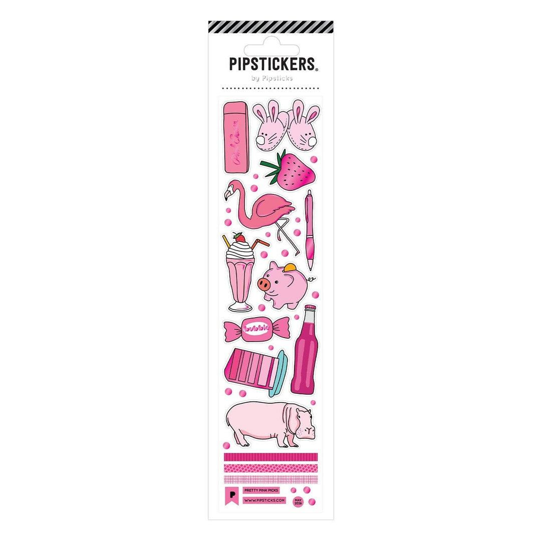 A dozen various objects in pink, including rabbit slippers, a strawberry, and bubble gum.