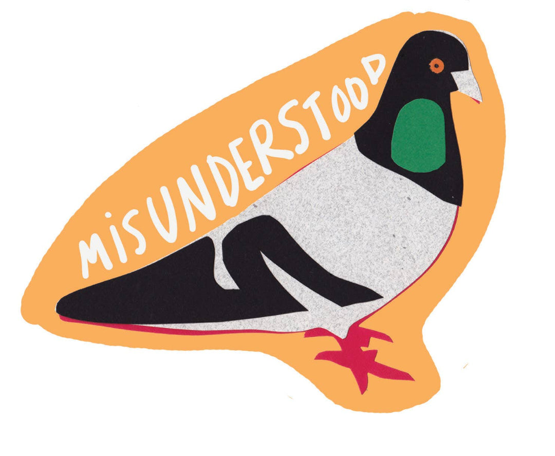 Drawing of a pigeon black head and tail, gray body, and red feet, with the word 'Misunderstood' on an orange background