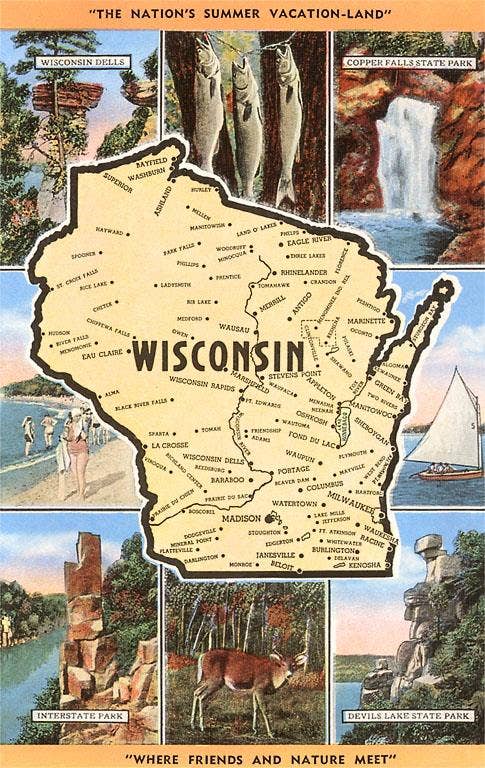 Front of postcard with map of Wisconsin over a collection of images representing the state.