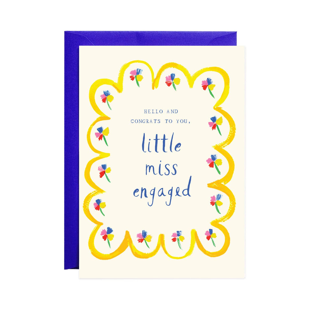 Greeting card with flowers and yellow border and text Hello and Congrats to you, little miss engaged