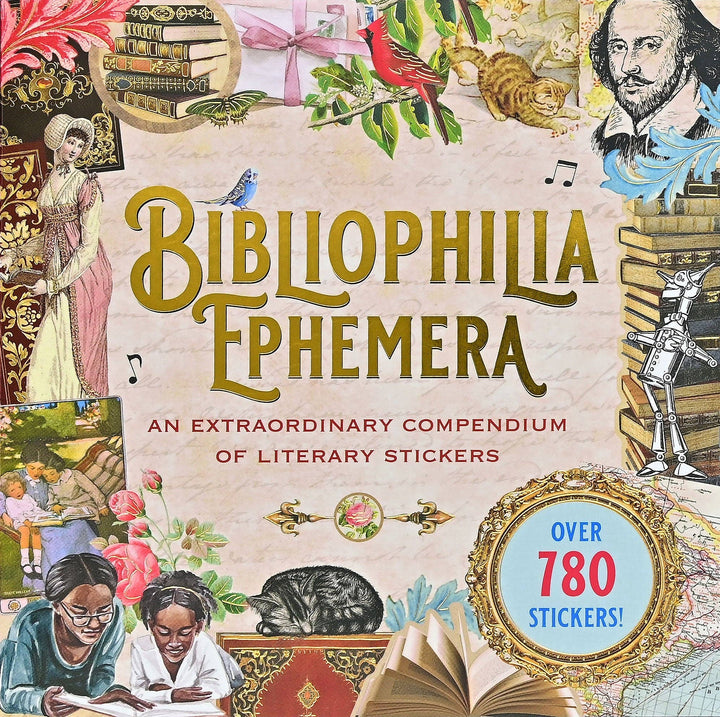 Cover of 'Bibliophilia Ephemera' with illustrations and text about literary stickers.