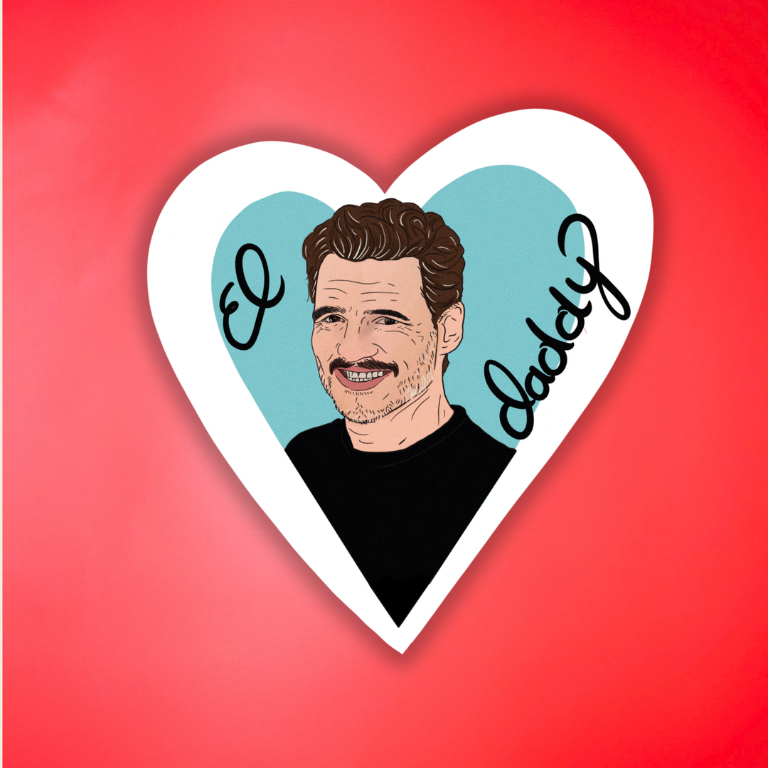 Drawing of Pedro Pascal in a white and blue heart with black text.