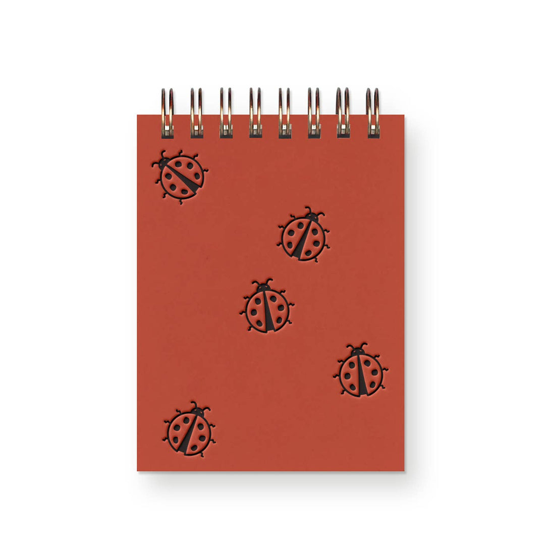 Orange-red cover with 5 black ladybugs and gold sturdy wire binding.