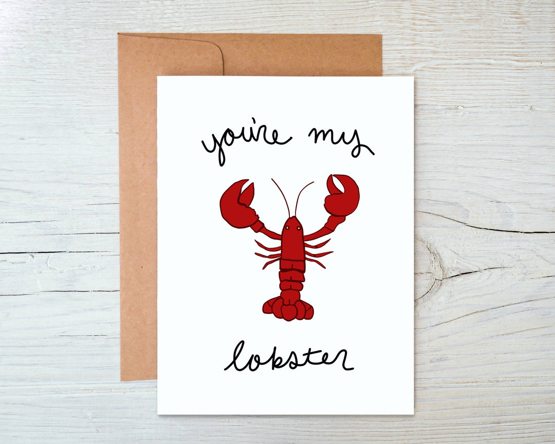 Red lobster on white card stock. Text above and below the image.