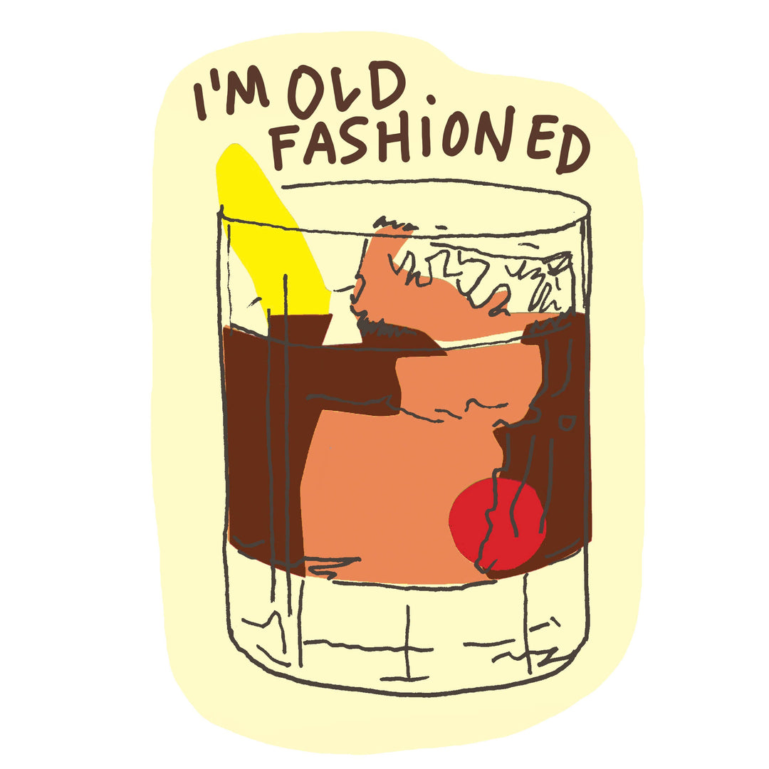 Sticker with illustration of a cocktail glass with ice cubes, a swirl of brown liquid and a cherry at the bottom.