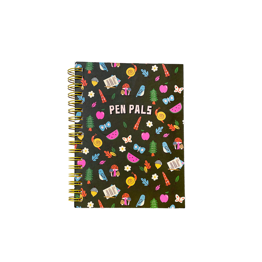 Cover of address book with colorful images and gold wire spiral binding on the left.