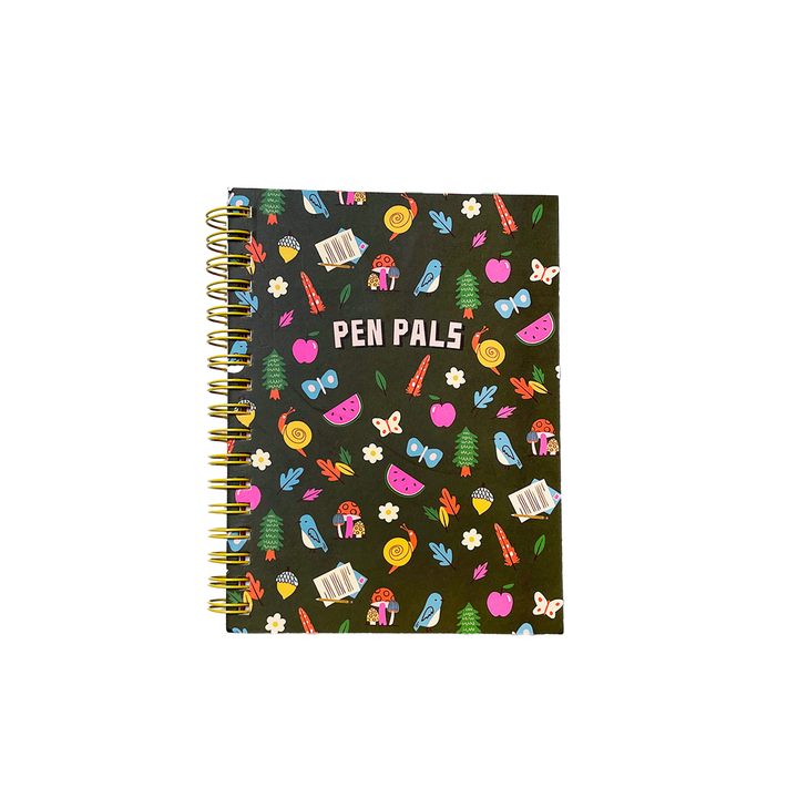 Cover of address book with colorful images and gold wire spiral binding on the left.