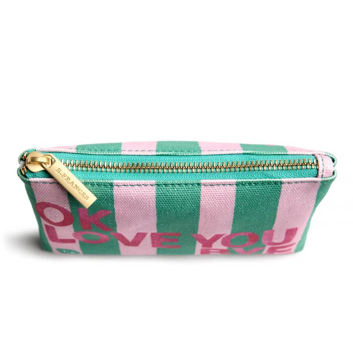 Top of pouch showing gold zipper.