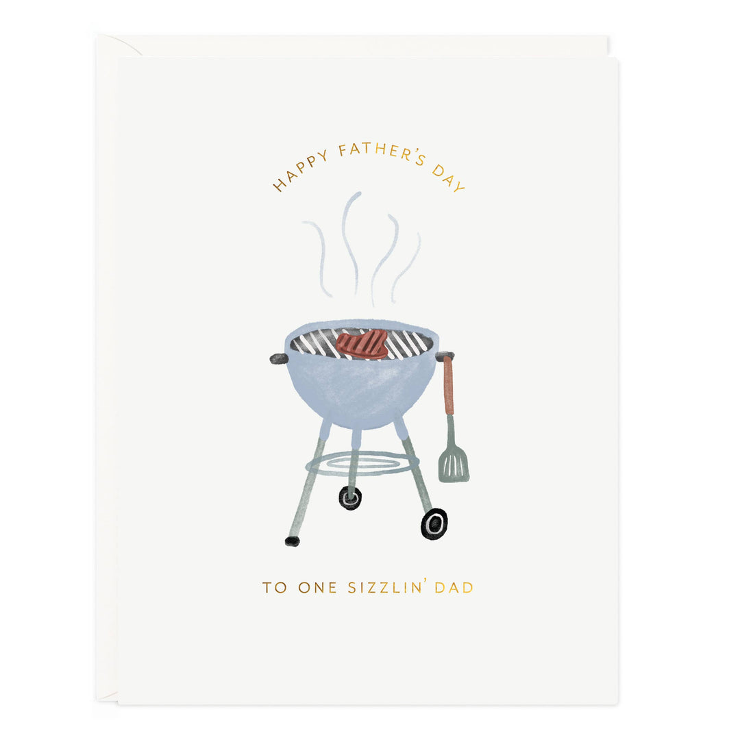 Front of card with a steak on a Weber grill above the text 'To One Sizzlin' Dad'