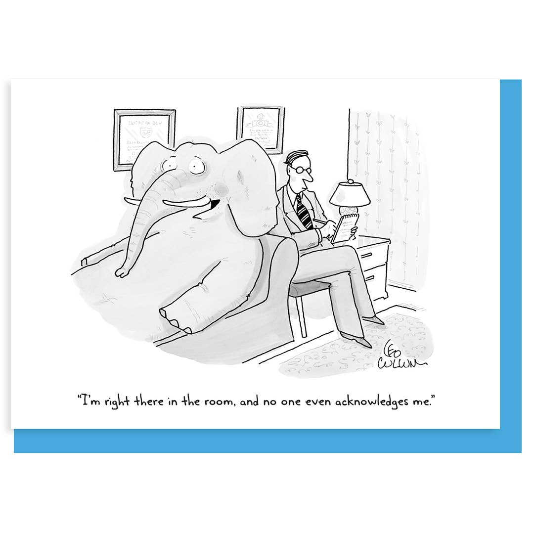 New Yorker cartoon of an outsized elephant on a chaise with therapist taking notes.