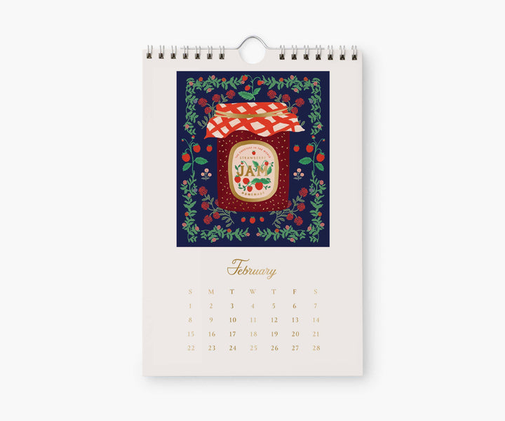Calendar page for February with illustration of a jar of strawberry jam, above the calendar for Febraury, 2026.