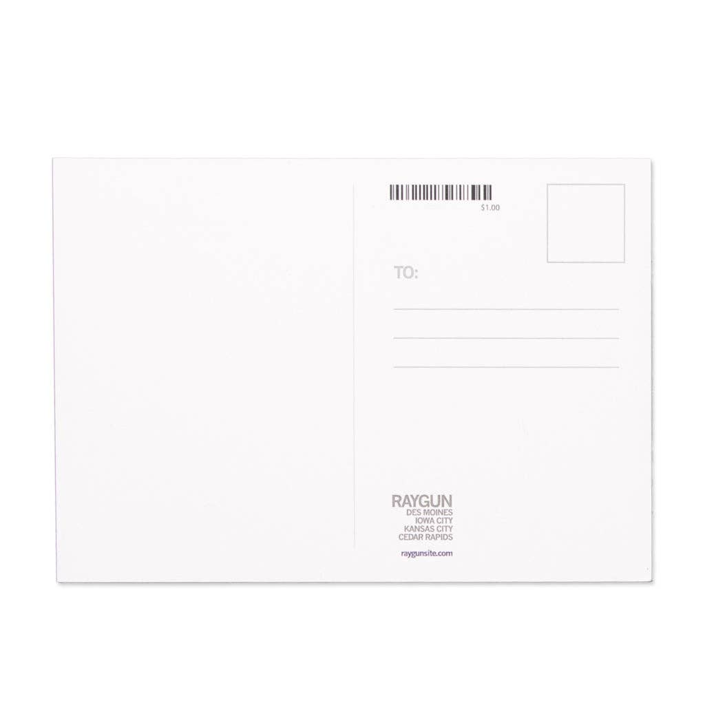 Back of postcard with lines for the address and Raygun branding below.