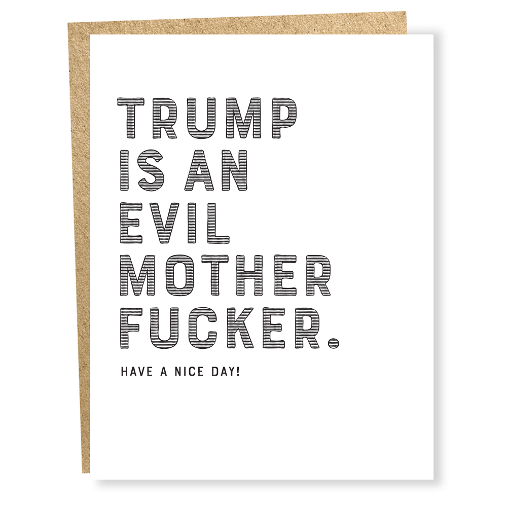 Front of card with large black capital letters in a sans serif font.