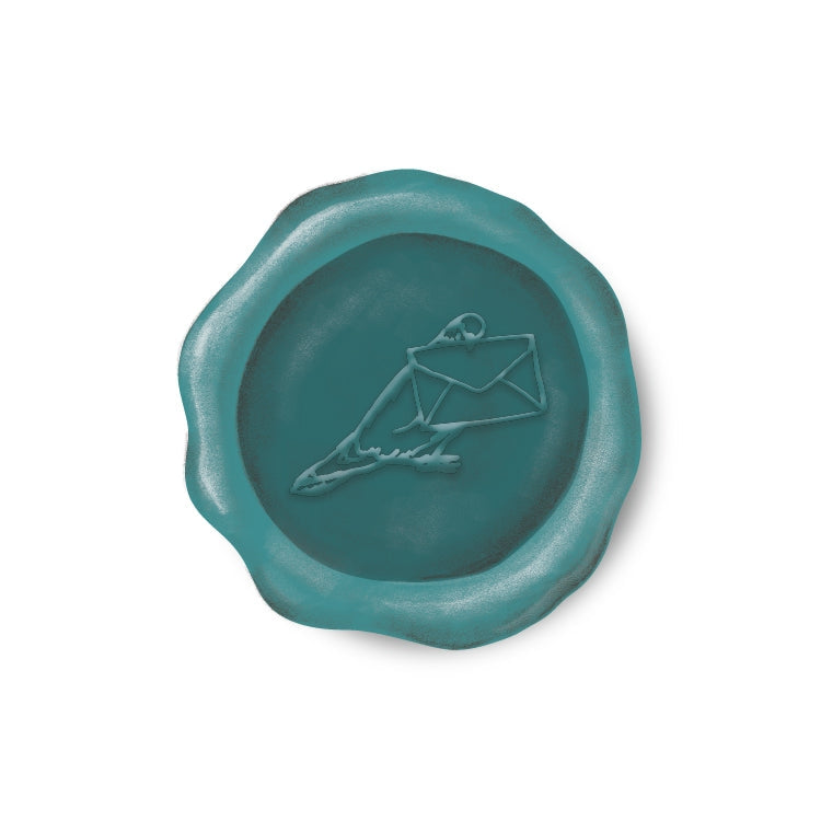 Round sticker resembling a wax seal with pigeon holding an envelope in teal.