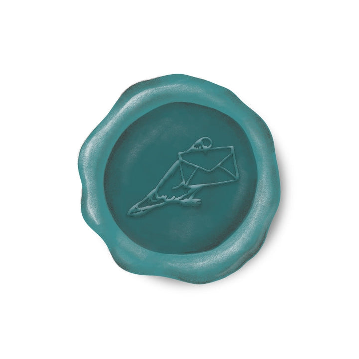 Round sticker resembling a wax seal with pigeon holding an envelope in teal.