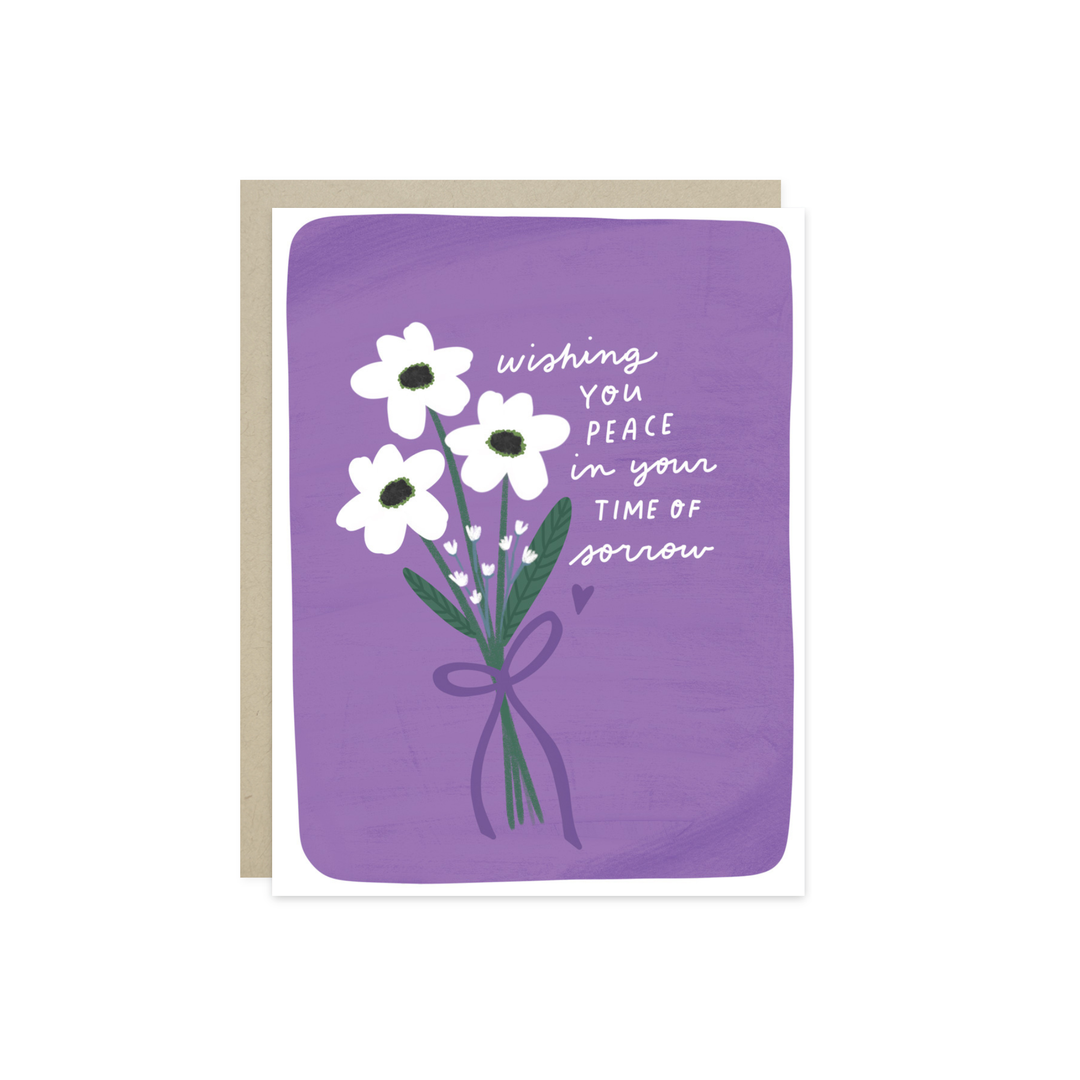 Purple card with a simple bouquet of white flowers and text. 