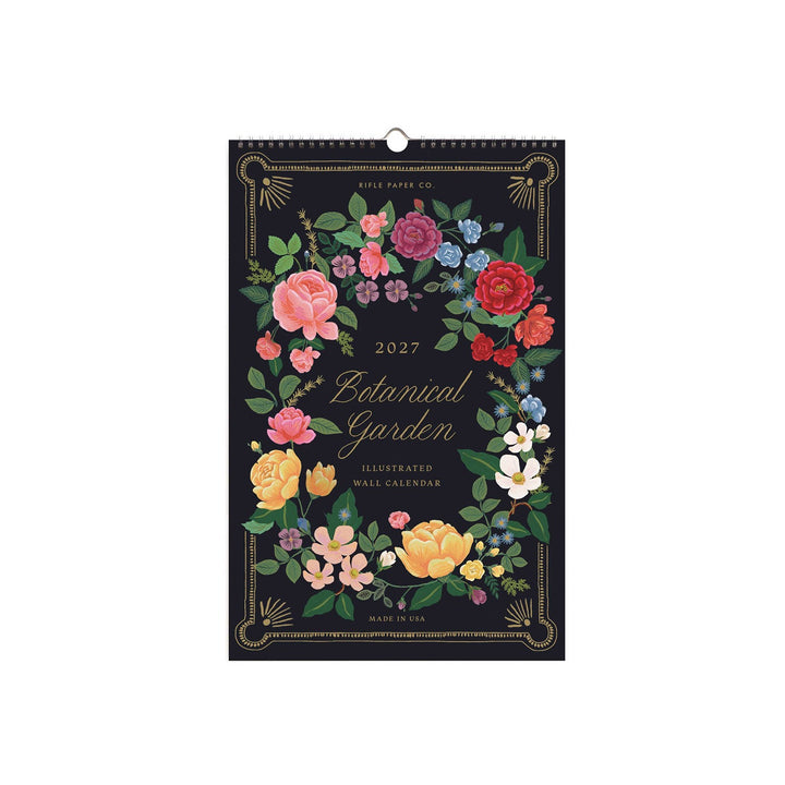 Cover of 2027 wall calendar with a variety of colorful flowers on a black bacakground.