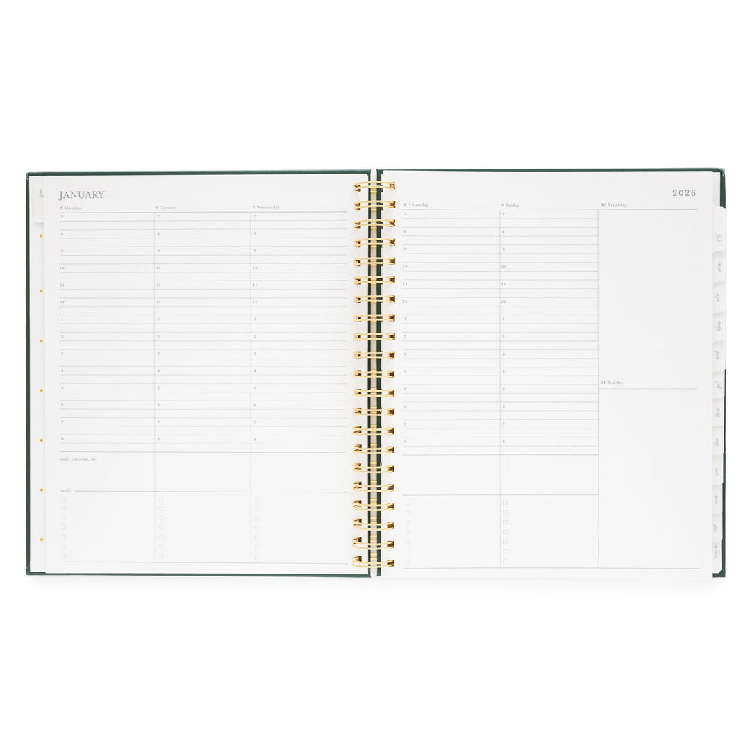 Planner opened to show hourly spaces for each day in the month.