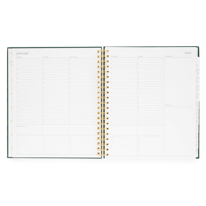 Planner opened to show hourly spaces for each day in the month.