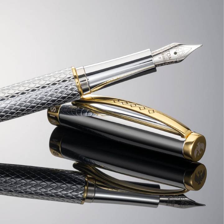 Artful display of the silver fountain pen with gold accents. The pen is resting at an angle on the cap.