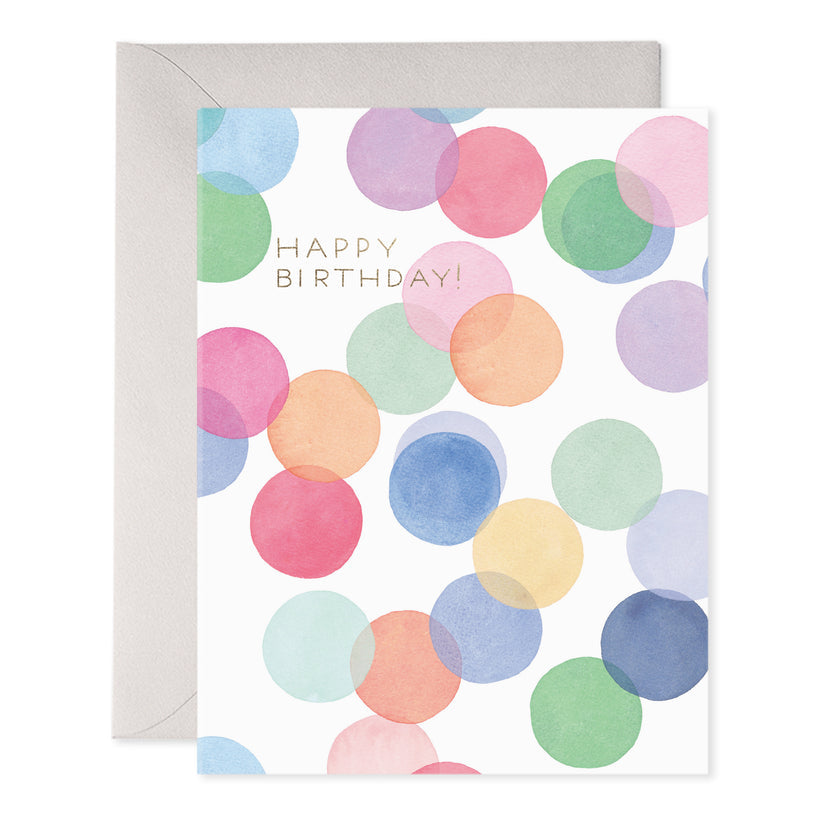 Large circles of confetti in a rainbow of colors fills the card front.