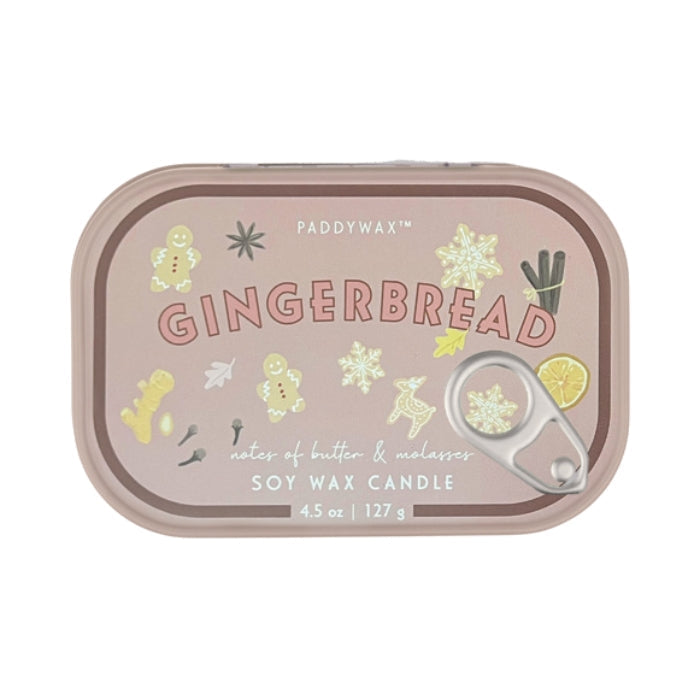 Imitation sardine can with 'GINGERBREAD SOY WAX CANDLE' printed on top