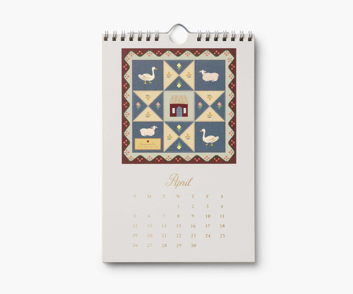 Calendar page for April with illustration of a 3x3 quilt, with two ducks, two sheep, and a house in the middle, above the calendar for April , 2026.