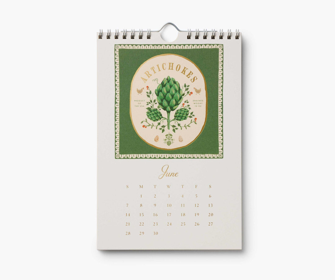 Calendar page for June with illustration of a label for artichokes, above the calendar for June, 2026.