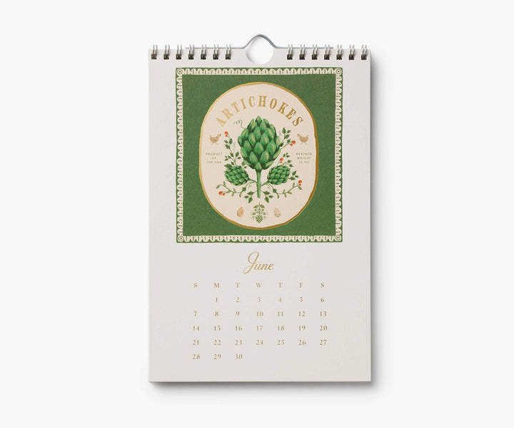Calendar page for June with illustration of a label for artichokes, above the calendar for June, 2026.