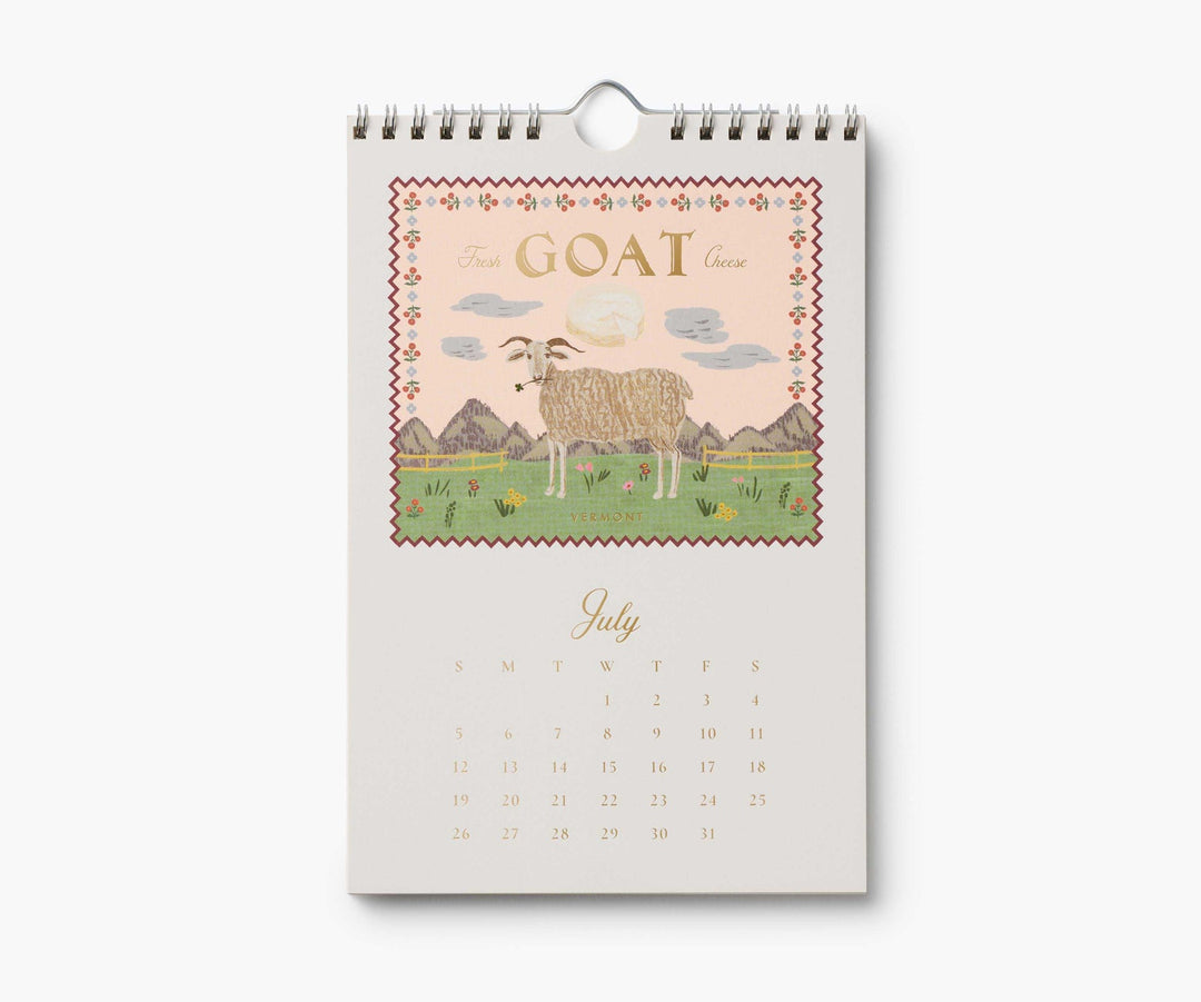 Calendar page for July with illustration of a goat in a field, above the calendar for July, 2026.