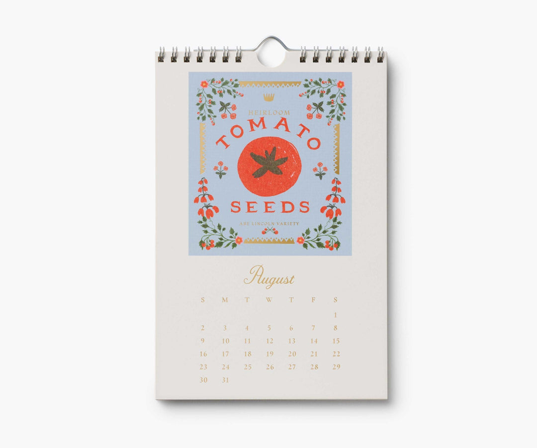 Calendar page for August with illustration of a tomato seed packet, above the calendar for August, 2026.