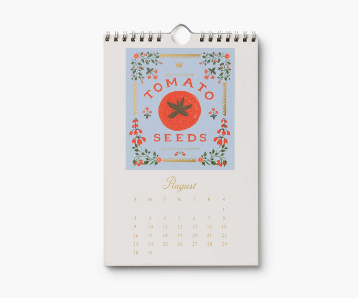 Calendar page for August with illustration of a tomato seed packet, above the calendar for August, 2026.