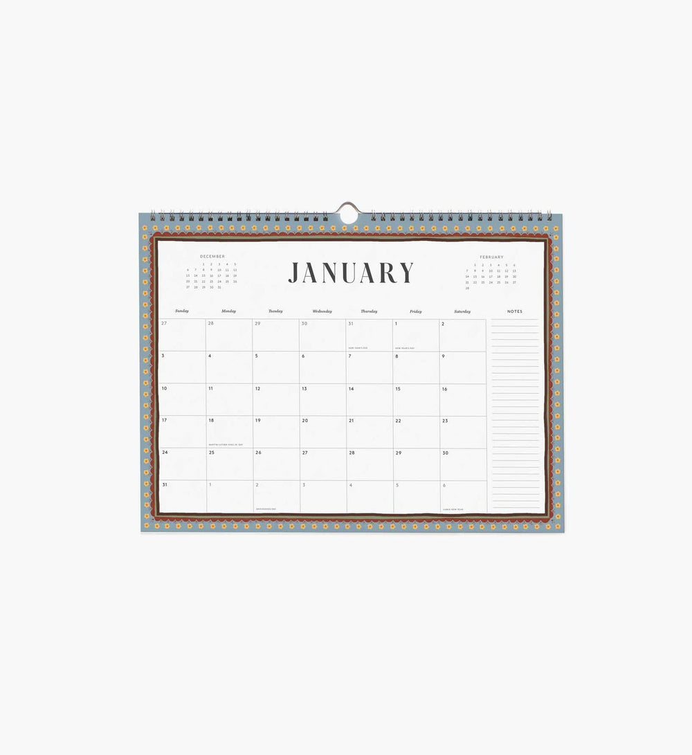 Calendar page for January with holidays and a column for notes.