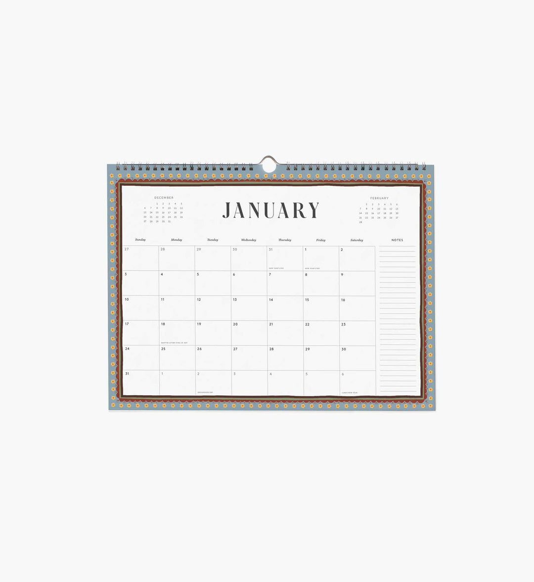 Calendar page for January with holidays and a column for notes.
