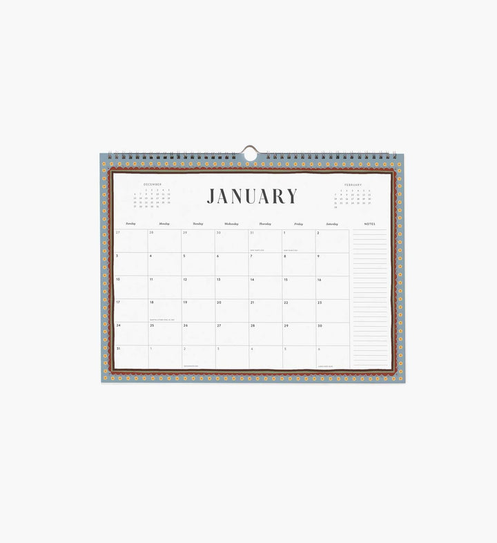 Calendar page for January with holidays and a column for notes.