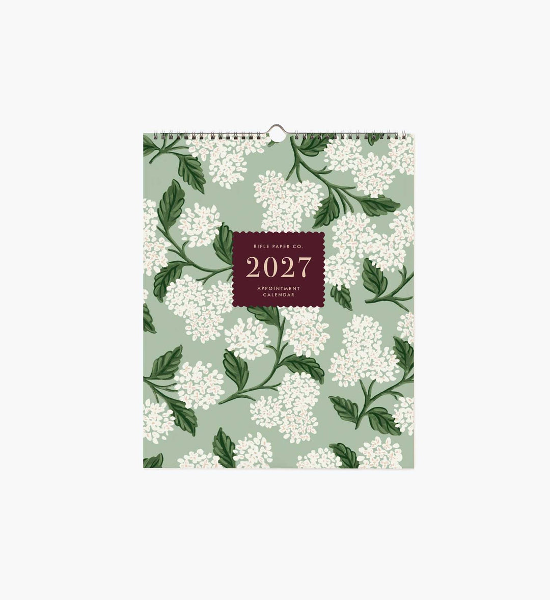 Cover of 2027 wall calendar with white hydrangea on a green background.