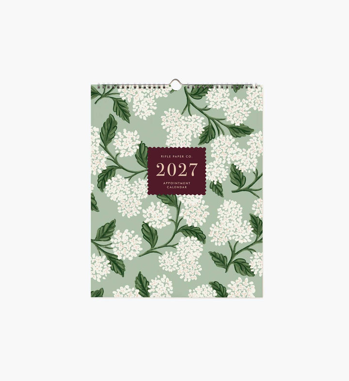 Cover of 2027 wall calendar with white hydrangea on a green background.