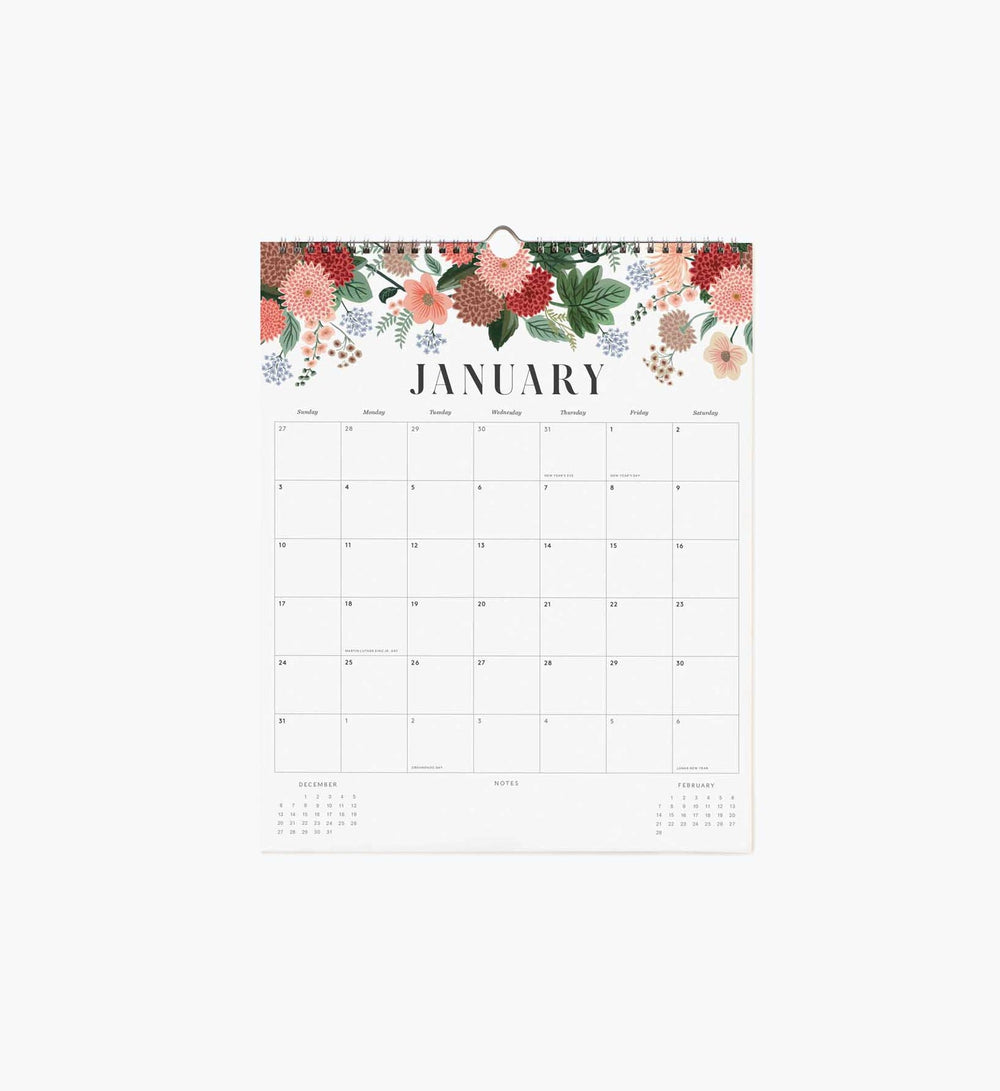 Calendar page for January with a top border of various flowers.