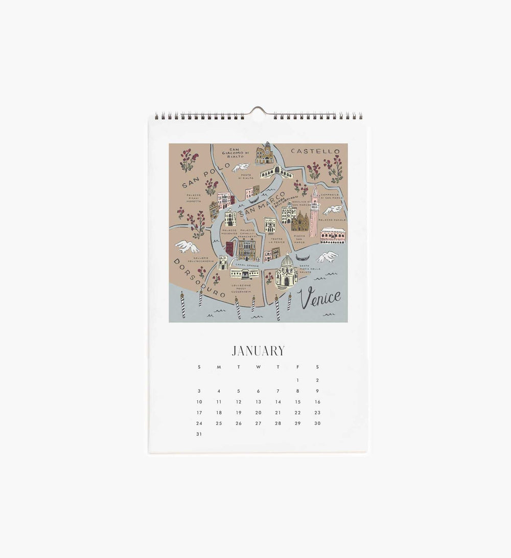 The page for January with a calendar under a map with images of Venice.