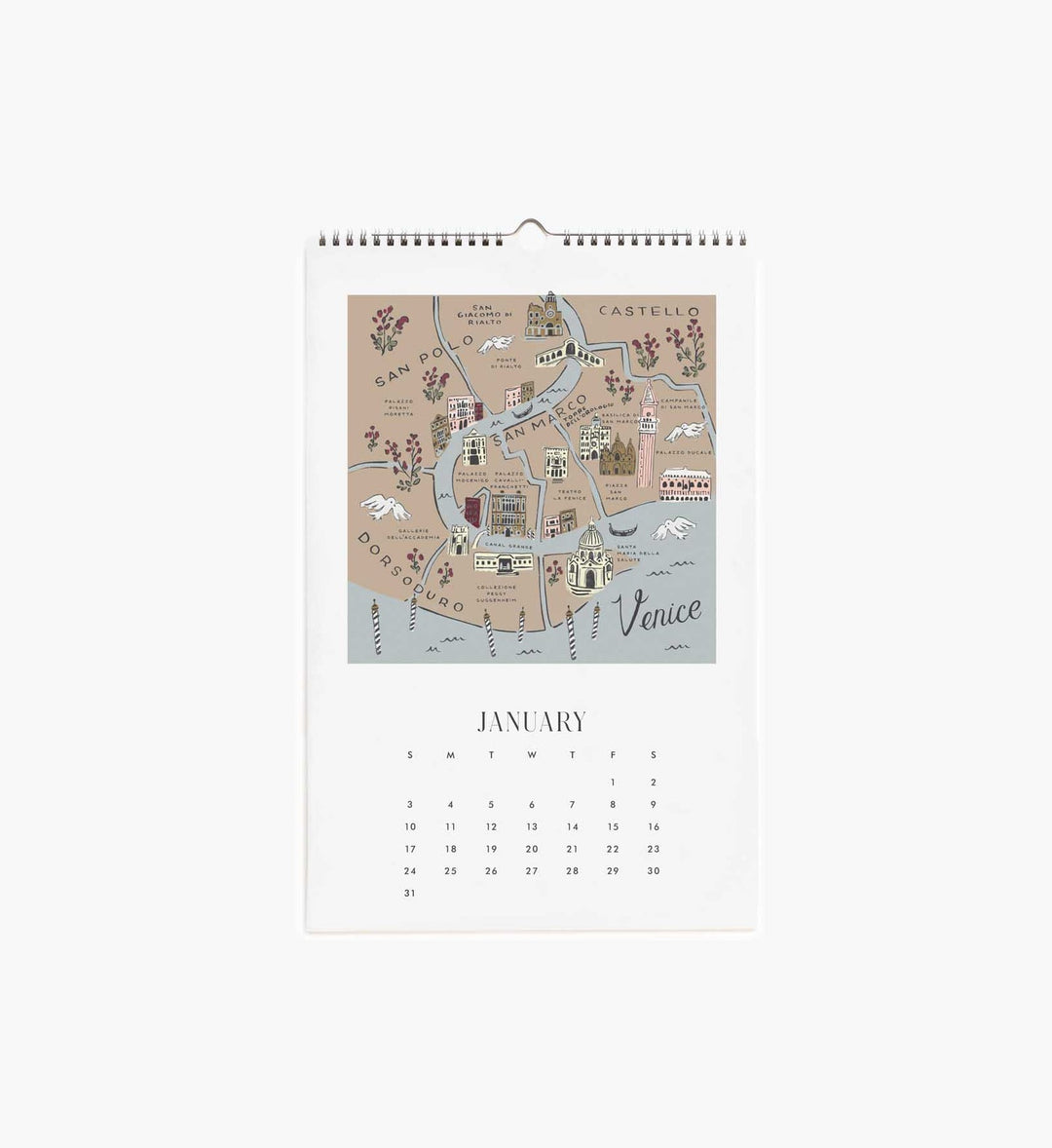 The page for January with a calendar under a map with images of Venice.
