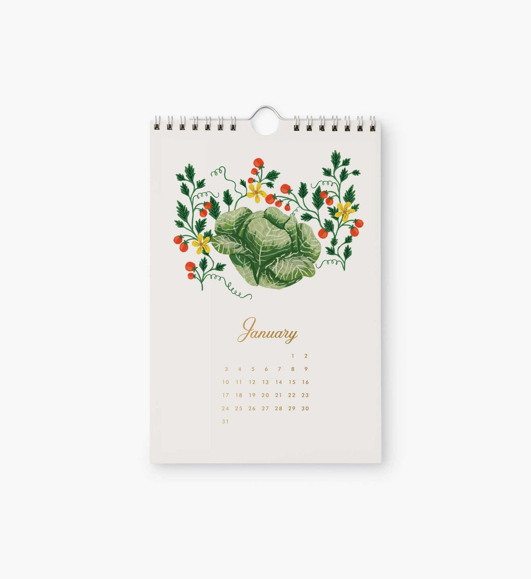 The calendar page for January with an illustration of cabbage  surrounded by a vine with red berries.