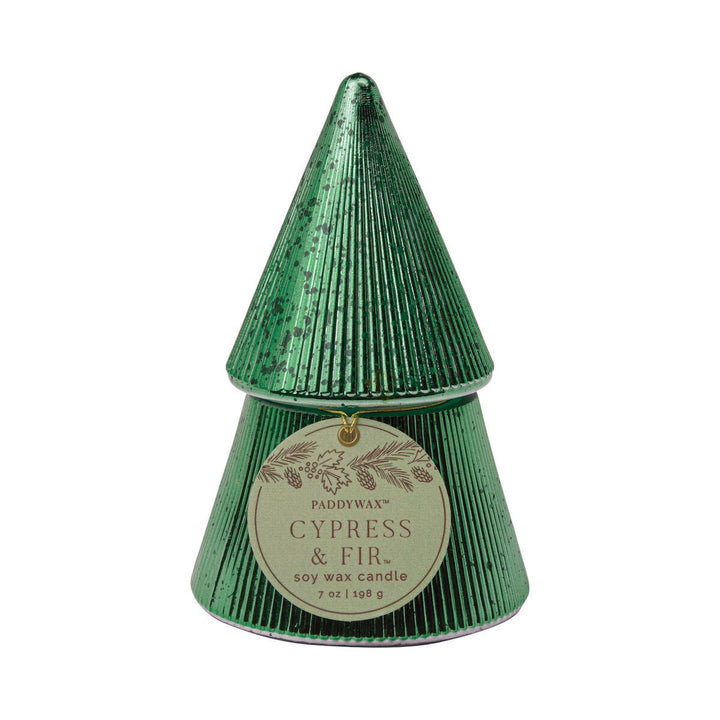 Green conical candle with a label reading CYPRESS & FIR.