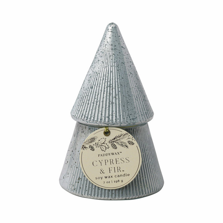 Cypress & fir candle shaped like a two-tiered Christmas tree. Top lifts off to reveal the candle.