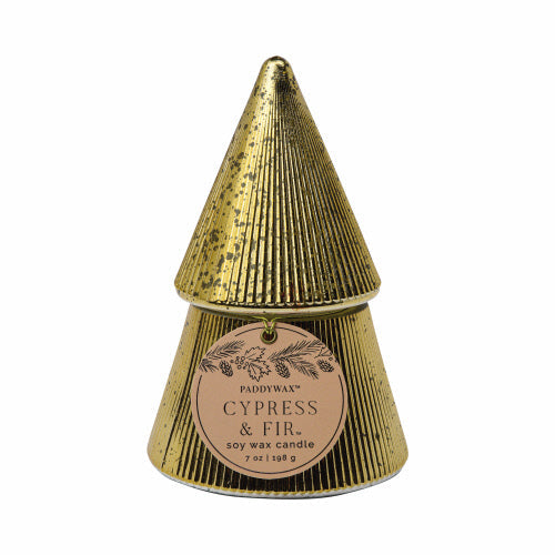 Gold conical candle with a label reading CYPRESS & FIR.
