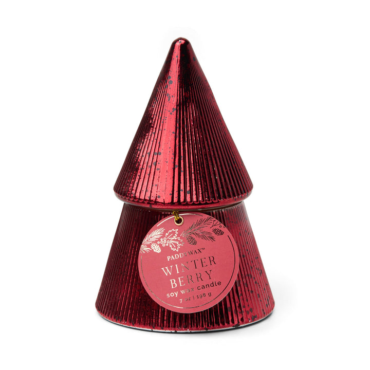 Red conical candle with a label reading WINTER BERRY.